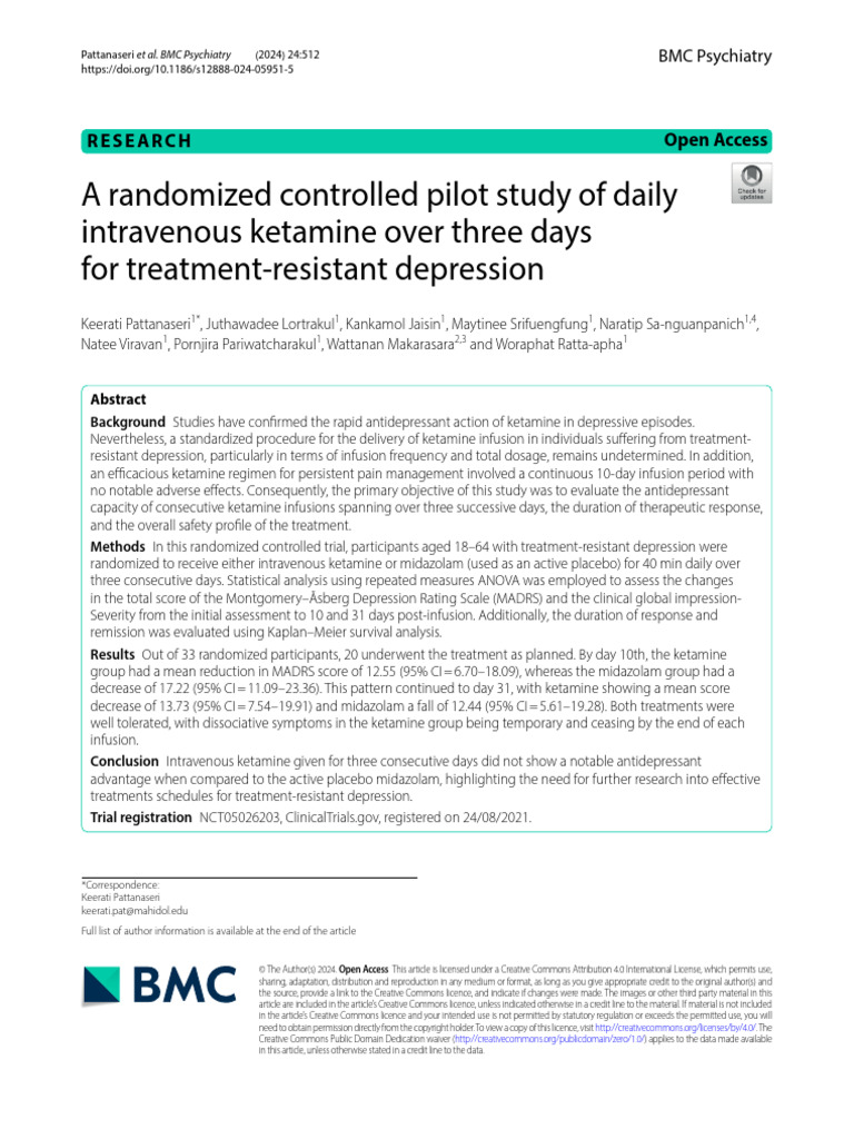 A Randomized Controlled Pilot Study of Daily Intravenous Ketamine Over ...