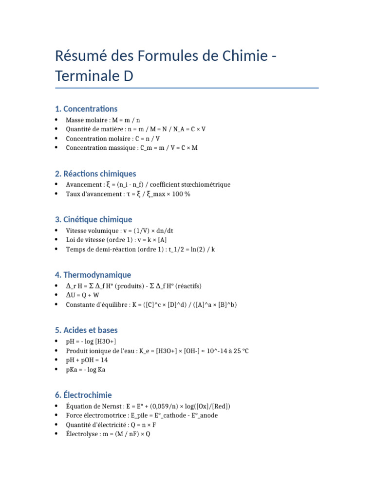 Formules de Chimie pour Terminale D | PDF