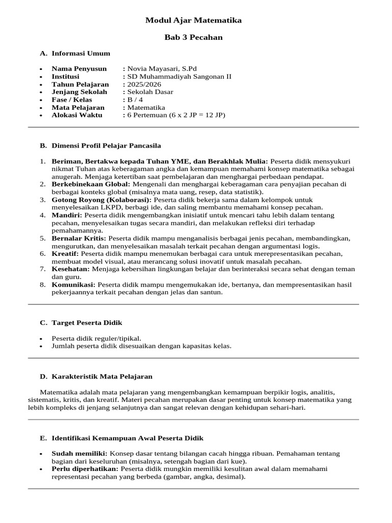 Modul Ajar Pecahan Kelas 4 SD | PDF
