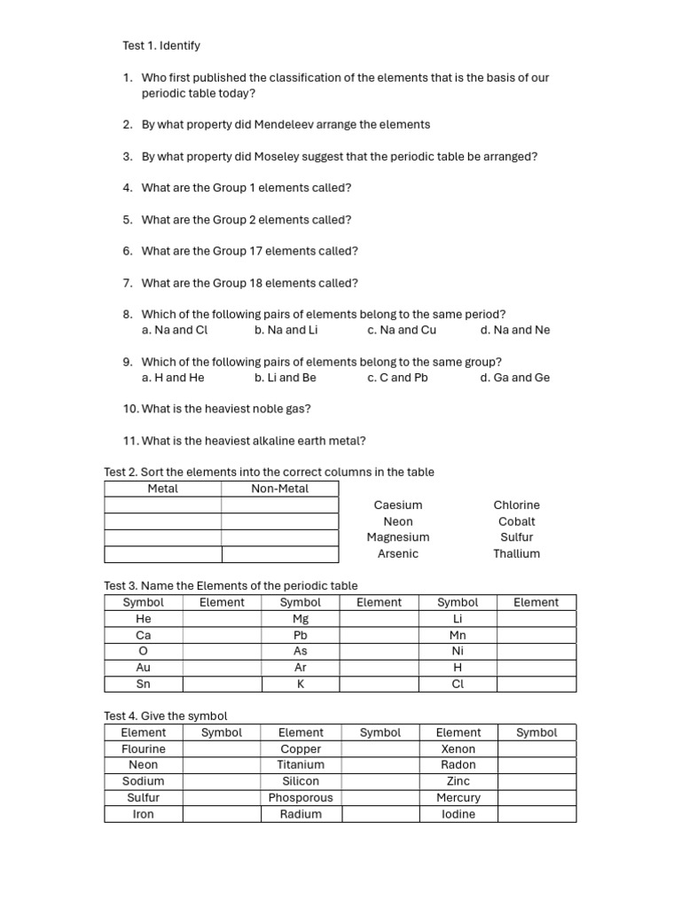 Periodic Table Element Identification Test | PDF