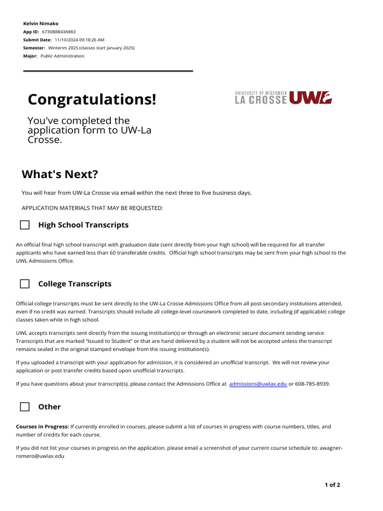 UW-La Crosse Application Steps | PDF