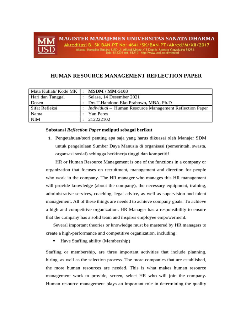 HRM Reflection Paper Yan Peres 212222102 | PDF | Human Resource ...