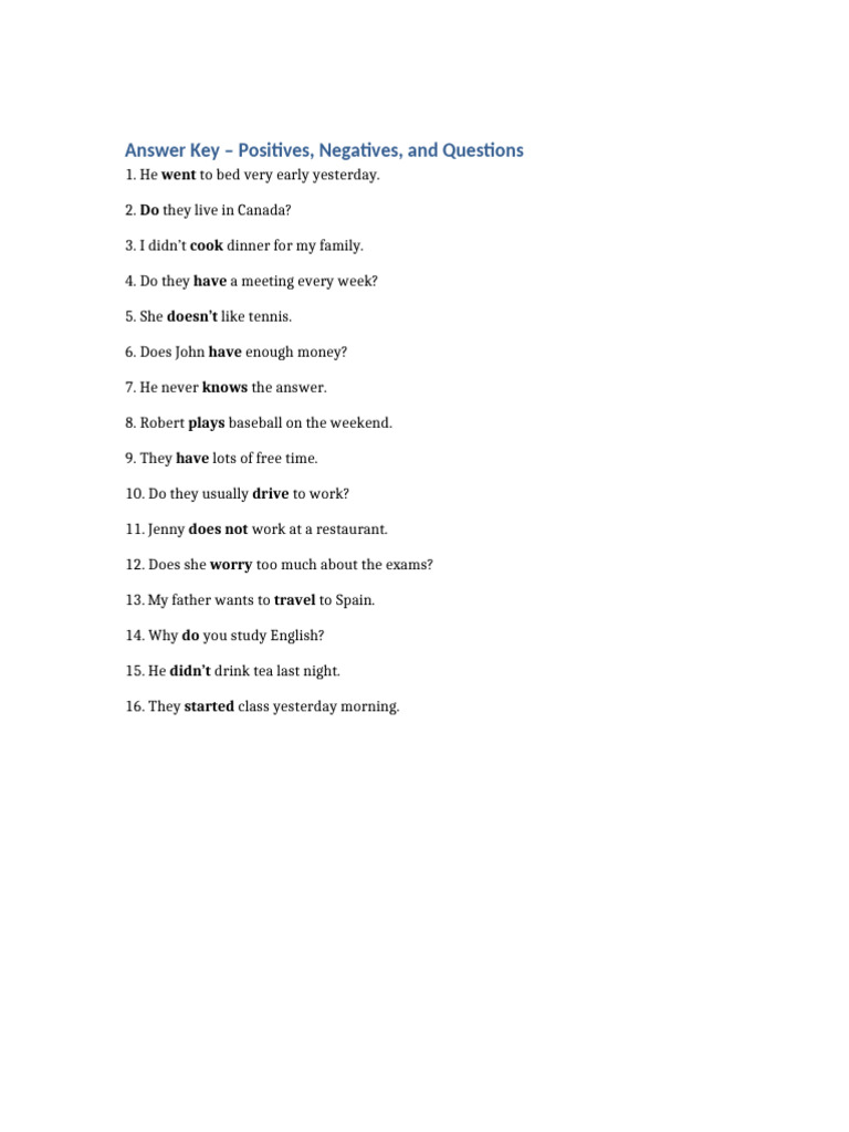 Positives Negatives Questions Answer Key | PDF
