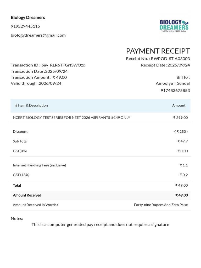 NEET 2026 Biology Test Series Receipt | PDF