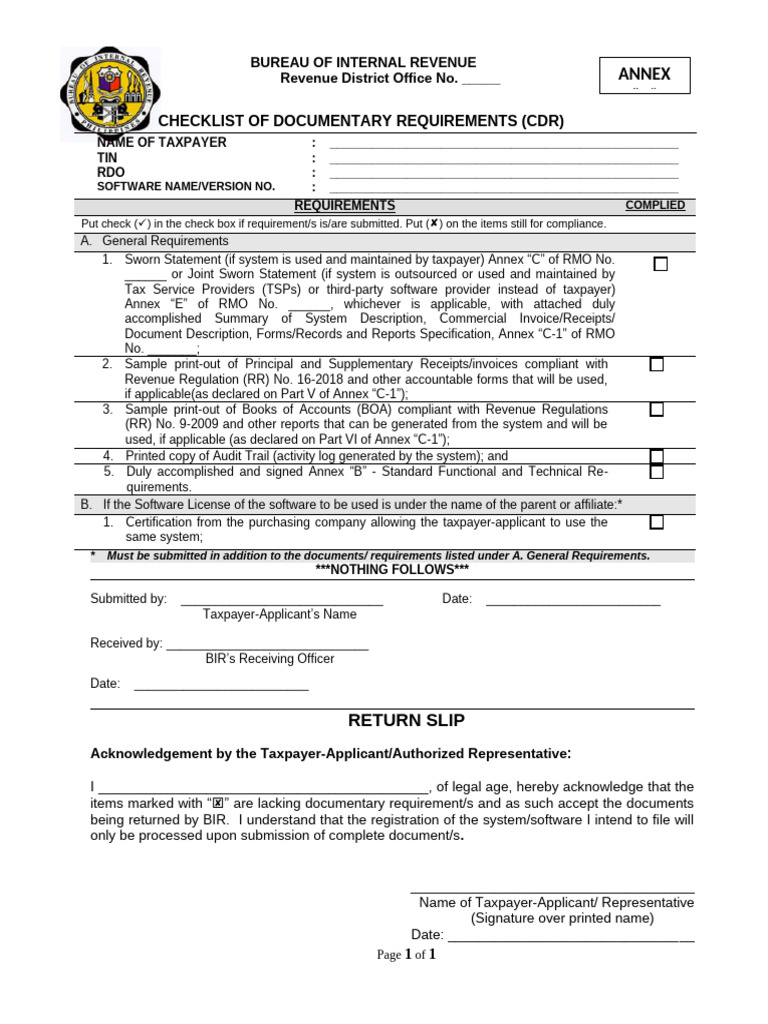 BIR Documentary Requirements Checklist | PDF | Receipt | Government ...