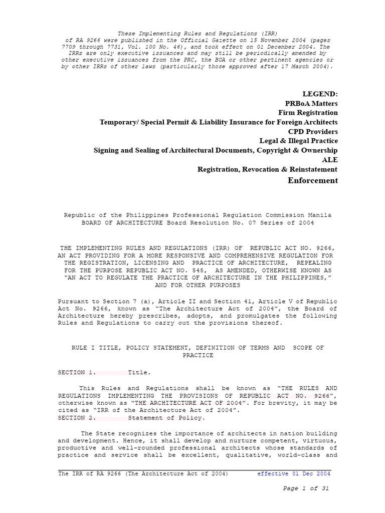 IRR of RA 9266: Architecture Act 2004 | PDF | Architect | Subpoena ...