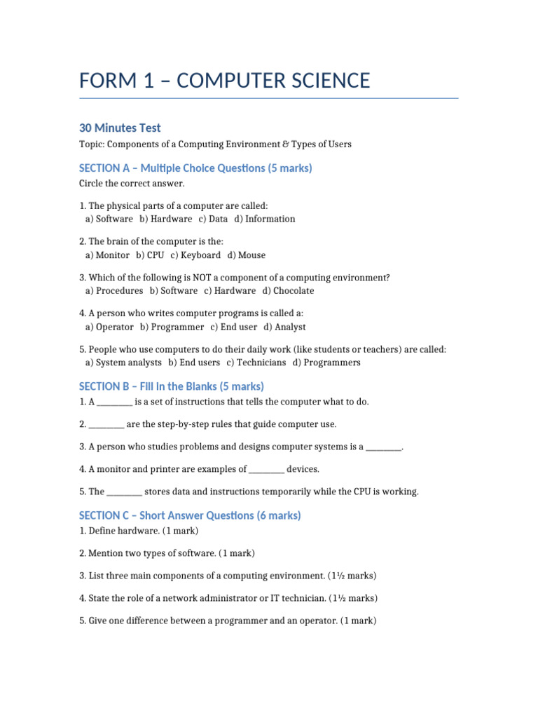 Computing Environment Test for Students | PDF