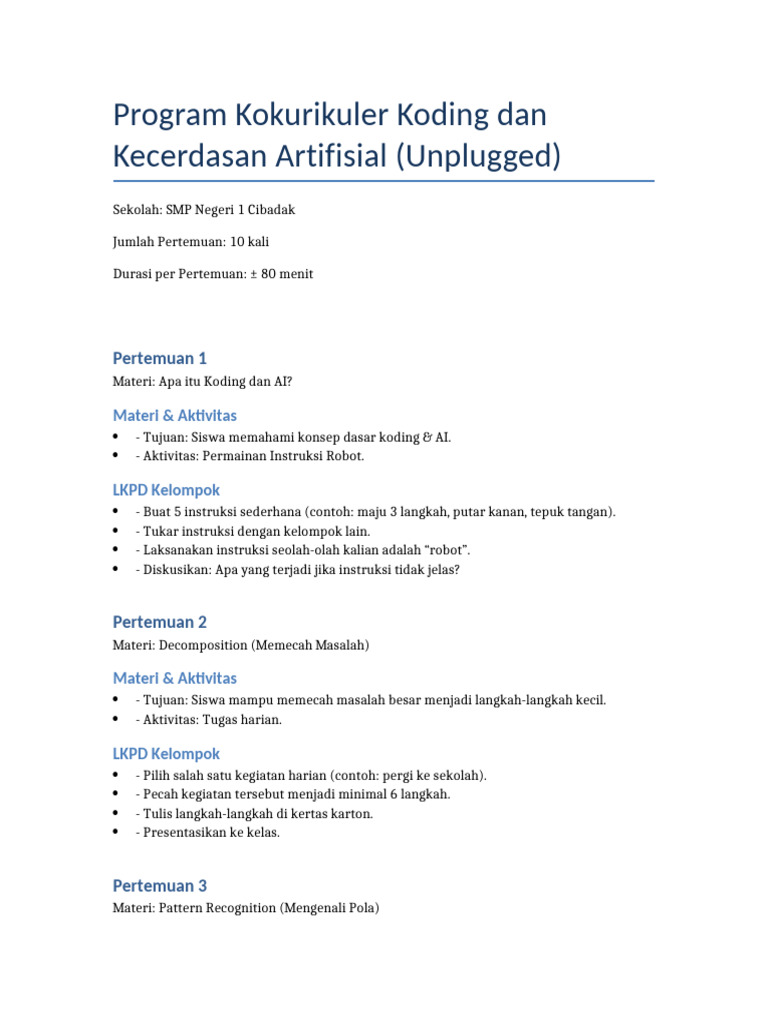Program Koding dan AI Unplugged SMP Cibadak | PDF