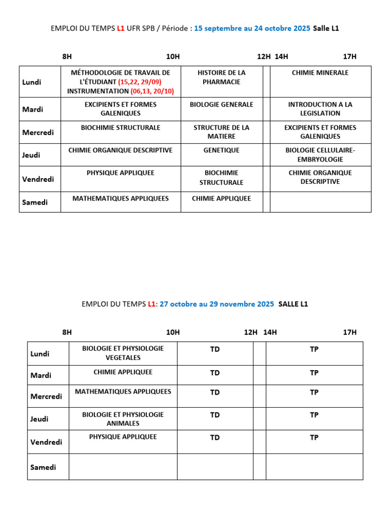 Emploi du temps L1 UFR SPB 2025-2026 | PDF | Biologie | Sciences de la vie
