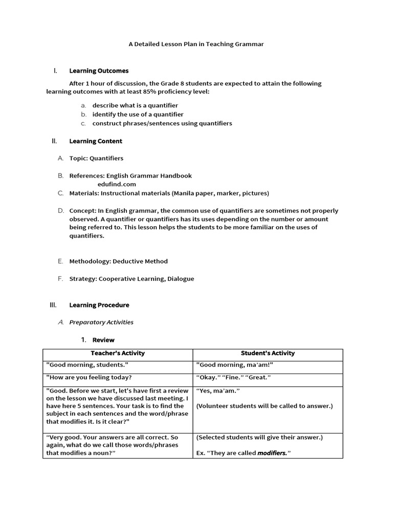 Grammar Lesson Plan: Quantifiers | PDF | Noun | Quantity