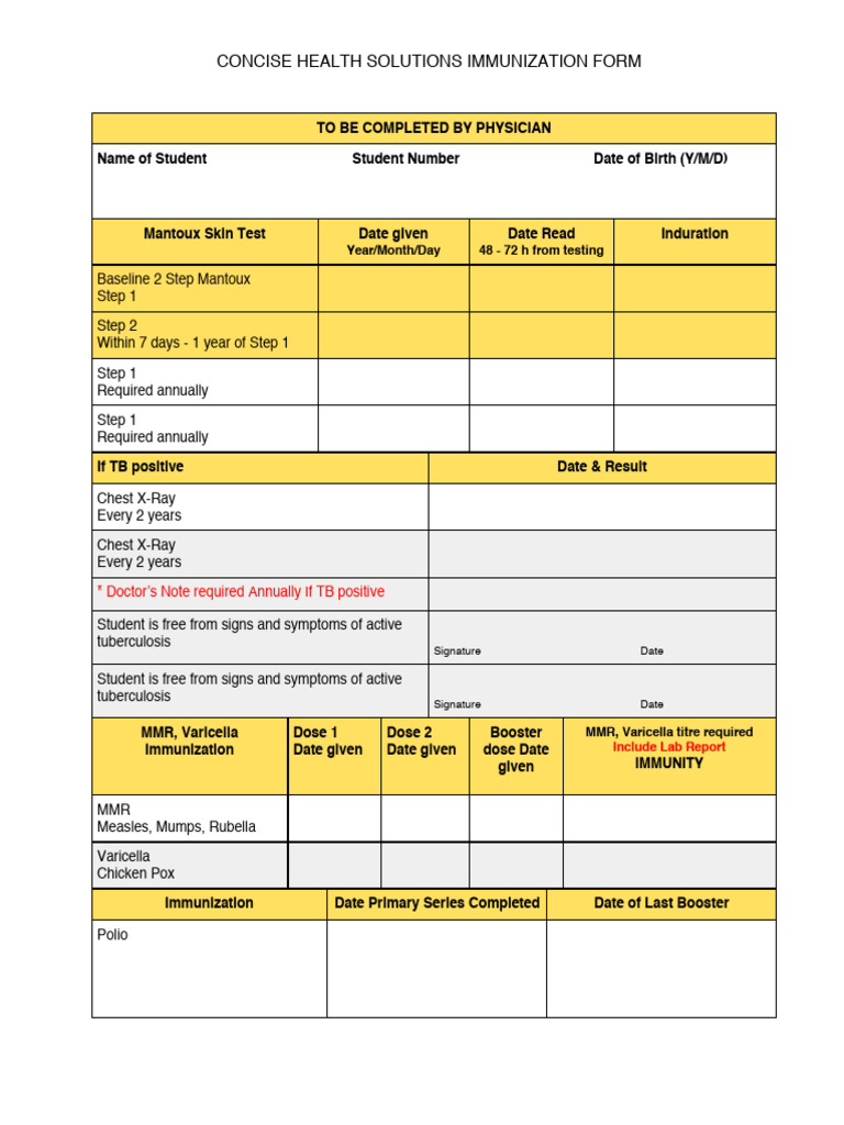 Concise Immunization Form for Students | PDF | Vaccines | Public Health