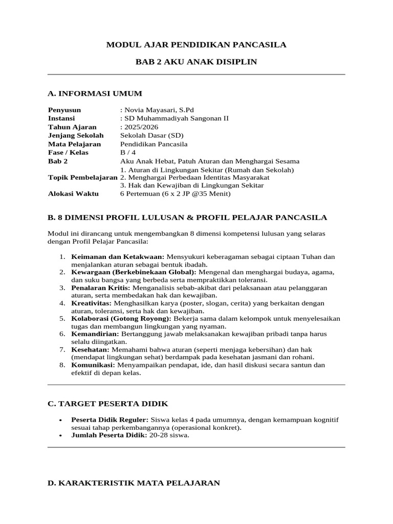 MODUL AJAR Kelas 4 Deep Learning PENDIDIKAN PANCASILA BAB 2 | PDF