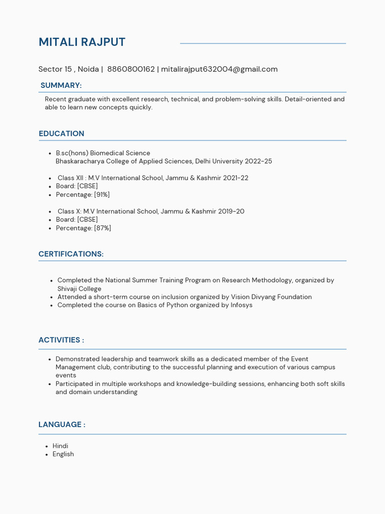 Mitali Rajput: Biomedical Science Graduate | PDF
