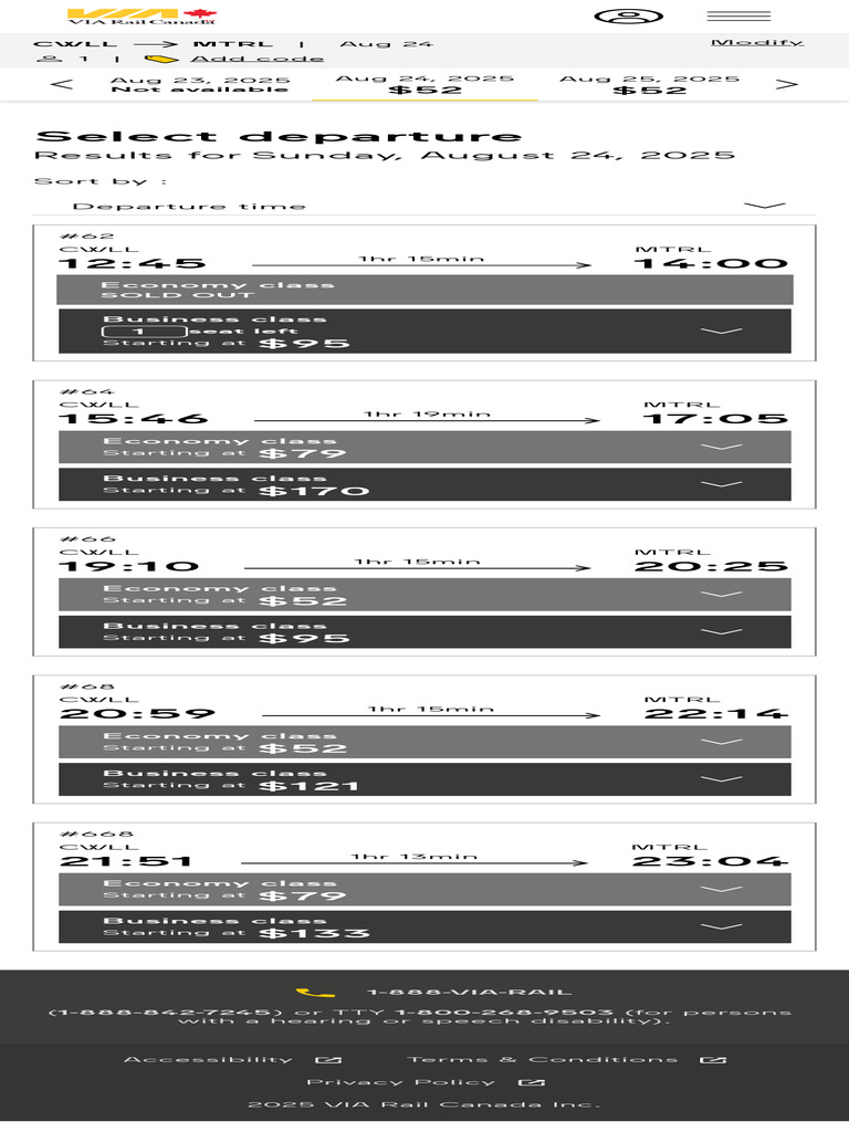VIA Rail Schedule for August 24, 2025 | PDF