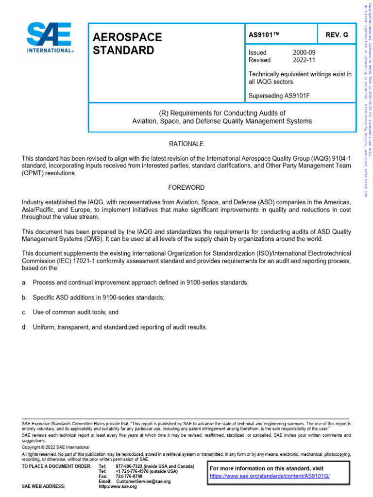 AS9101G: Audit Requirements for ASD QMS | PDF | Audit | Quality ...