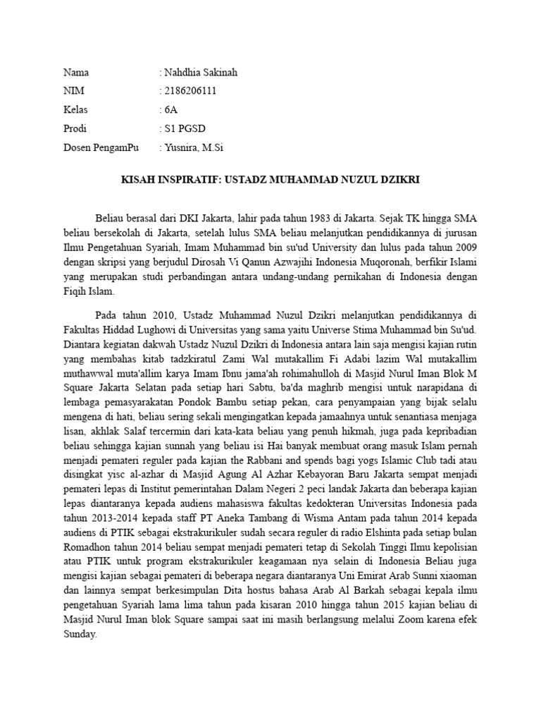 Biografi Ustadz Muhammad Nuzul Dzikri | PDF