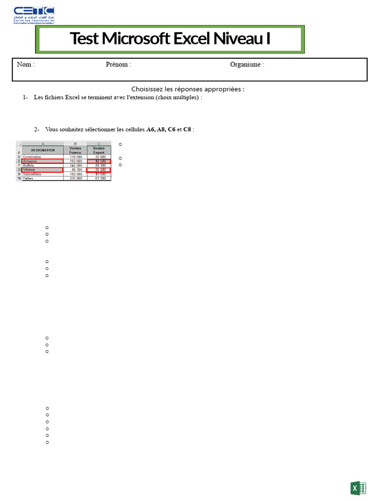 Test Excel Niveau 1 | PDF | Microsoft Excel | Informatique