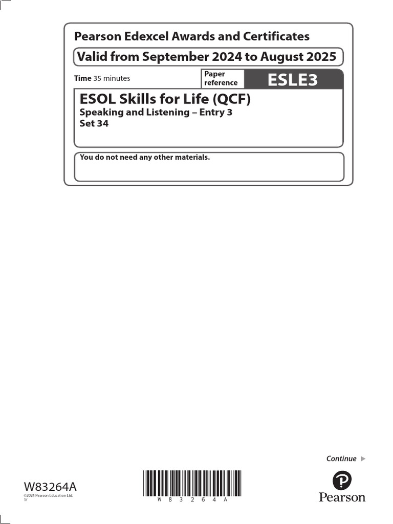 Esol Speaking and Listening Esle3 Set 34 Entry 3 SLC QP | PDF