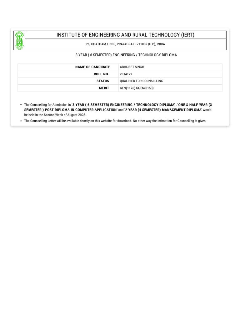 IERT 2023-24 Counselling Instructions | PDF