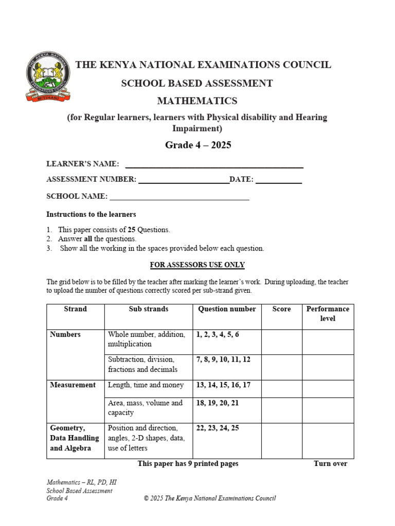 Grade 4 Mathematics Assessment 2025 | PDF | Numbers | Mathematics