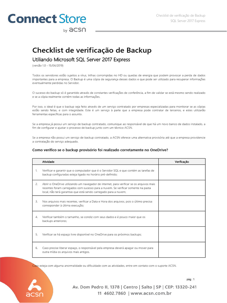 Checklist de Backup SQL Server 2017 | PDF | Cópia de segurança ...