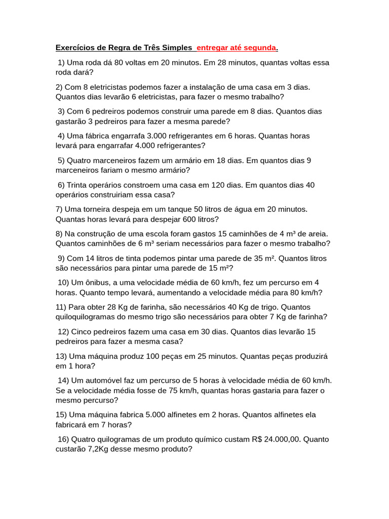 Exercícios de Regra de Três Simples | PDF