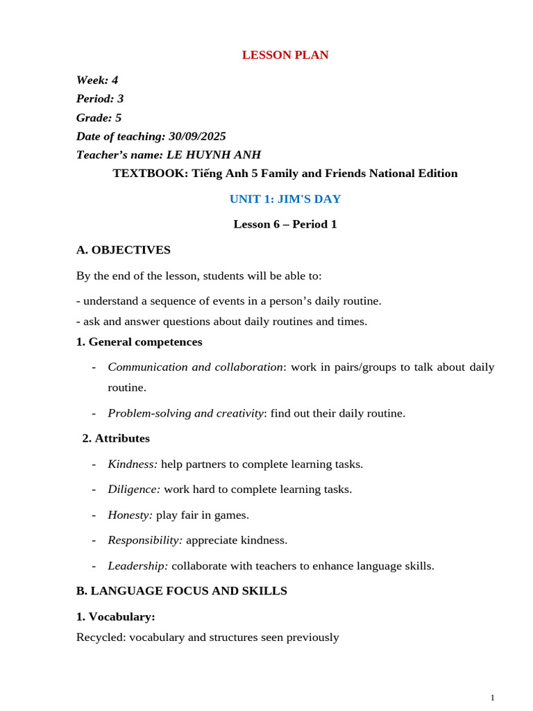 Grade 5 Lesson Plan: Daily Routines | PDF | Learning | Communication
