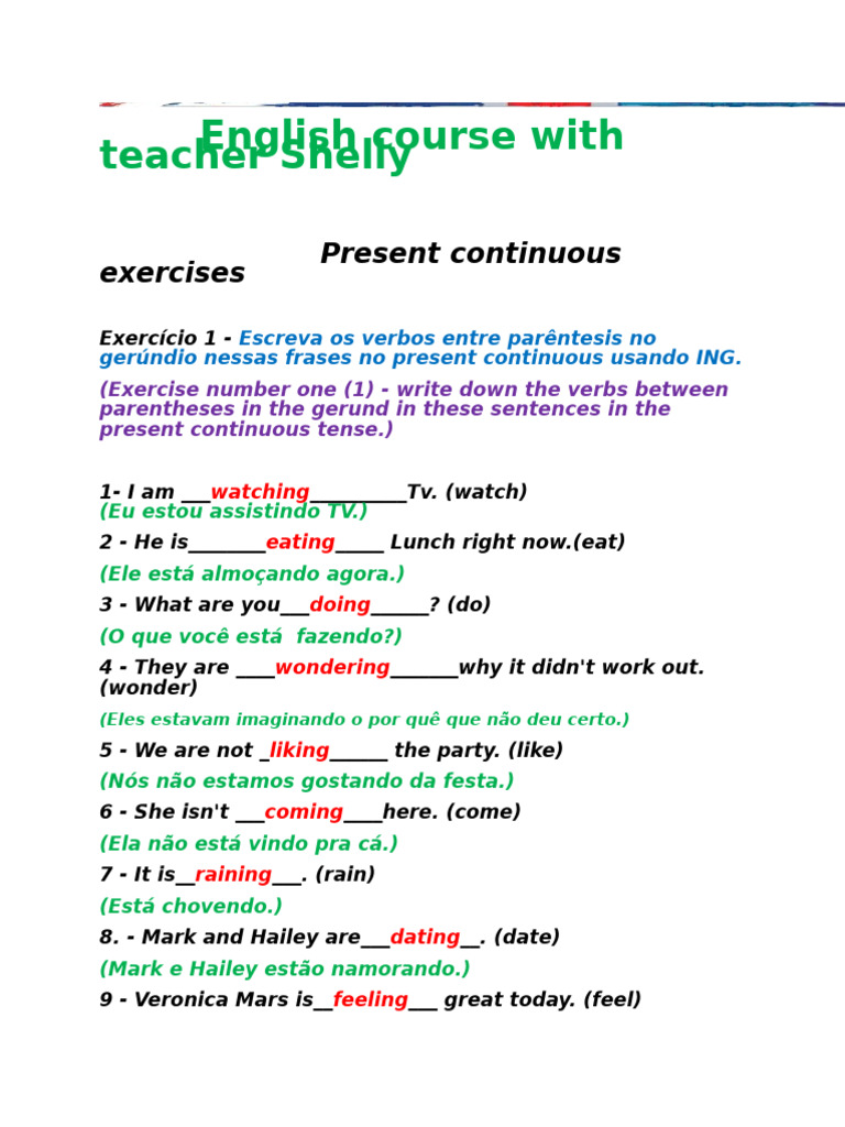 Exercícios de Present Continuous em Inglês | PDF