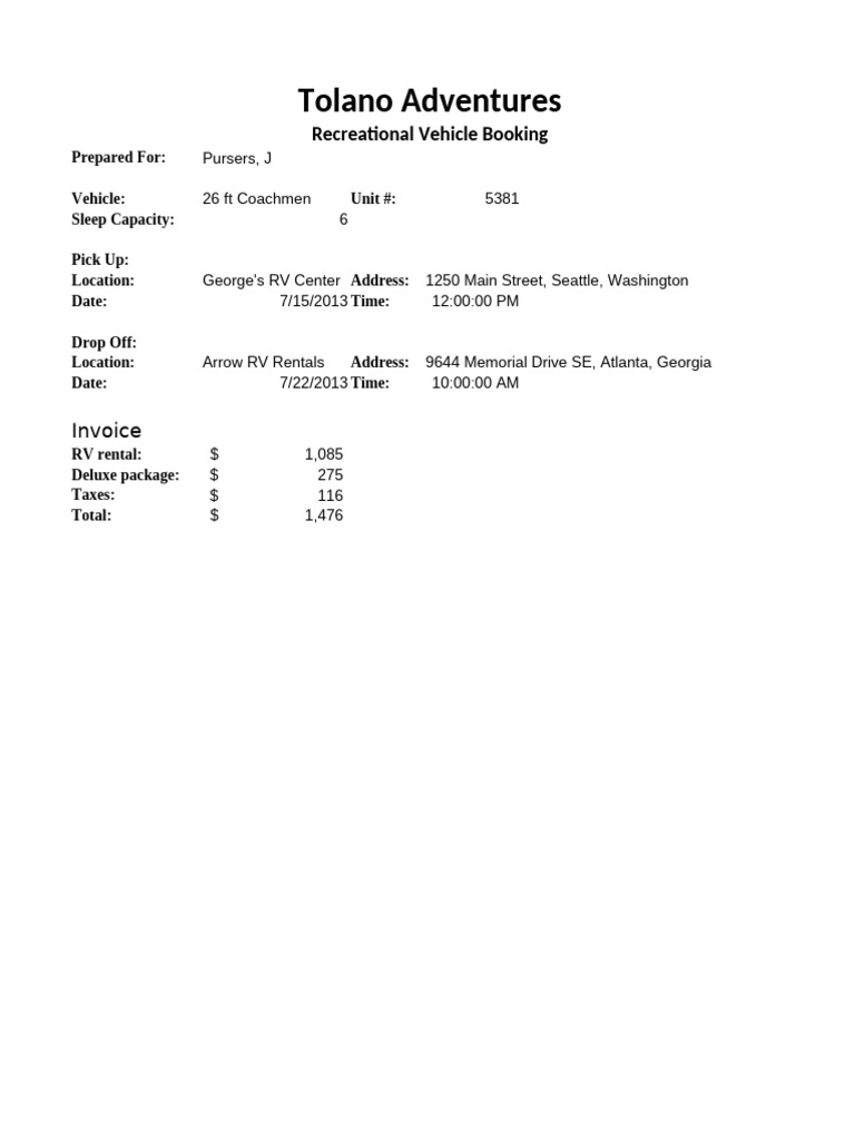 RV Rental Invoice for 26 ft Coachmen | PDF
