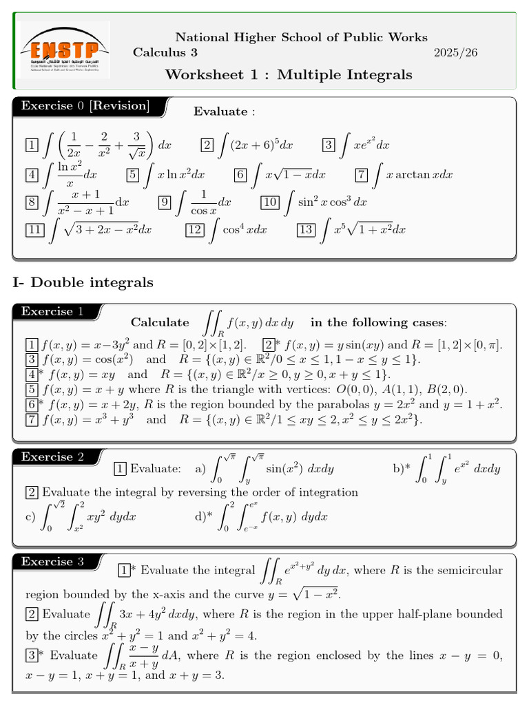 Multiple Integrals Worksheet 2025/26 | PDF | Sphere | Coordinate System