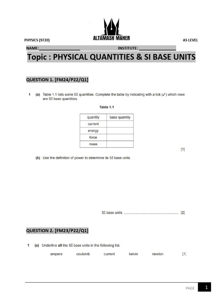 AS Level Physics: SI Units & Questions | PDF