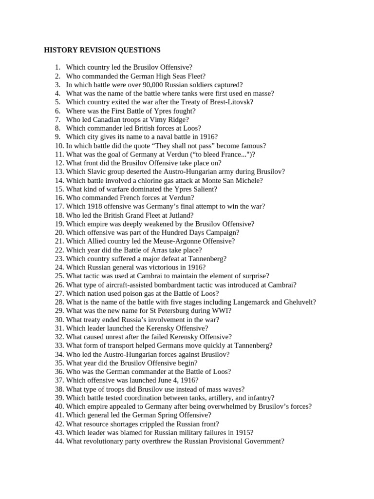 WWI History Revision Questions | PDF | World War I | German Empire