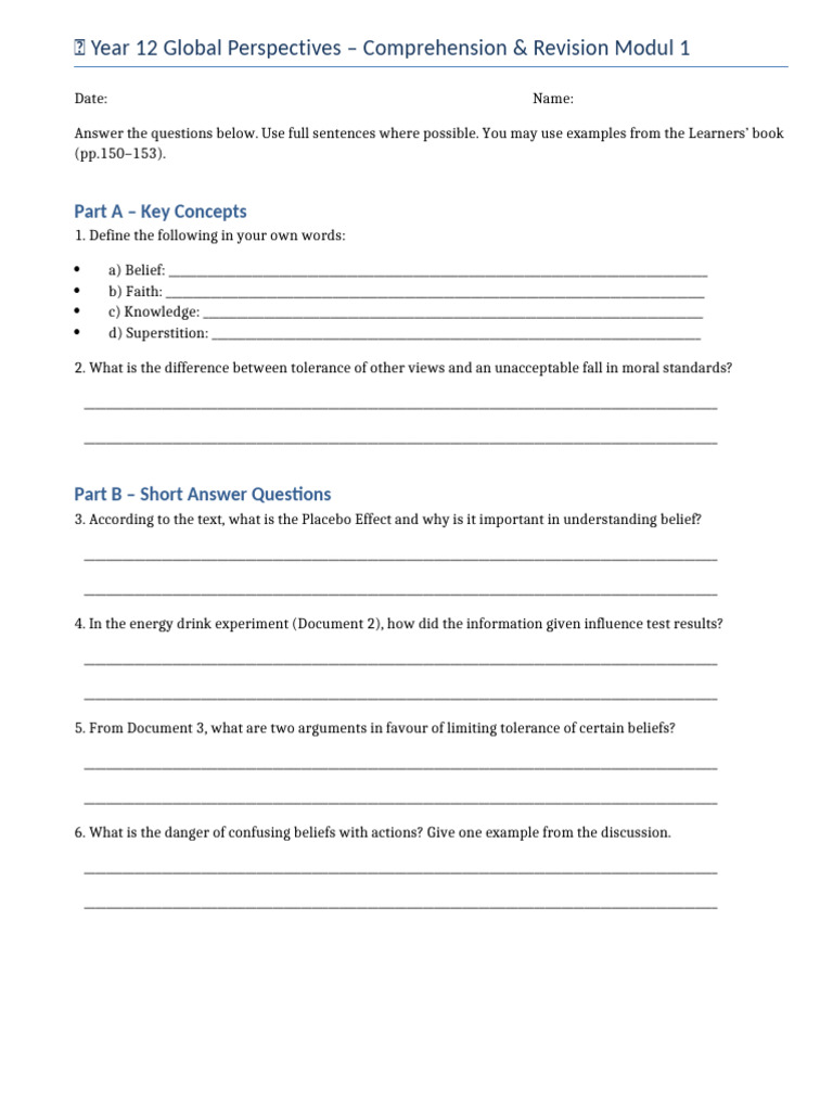 Year 12 Global Perspectives Revision Guide | PDF | Toleration | Faith