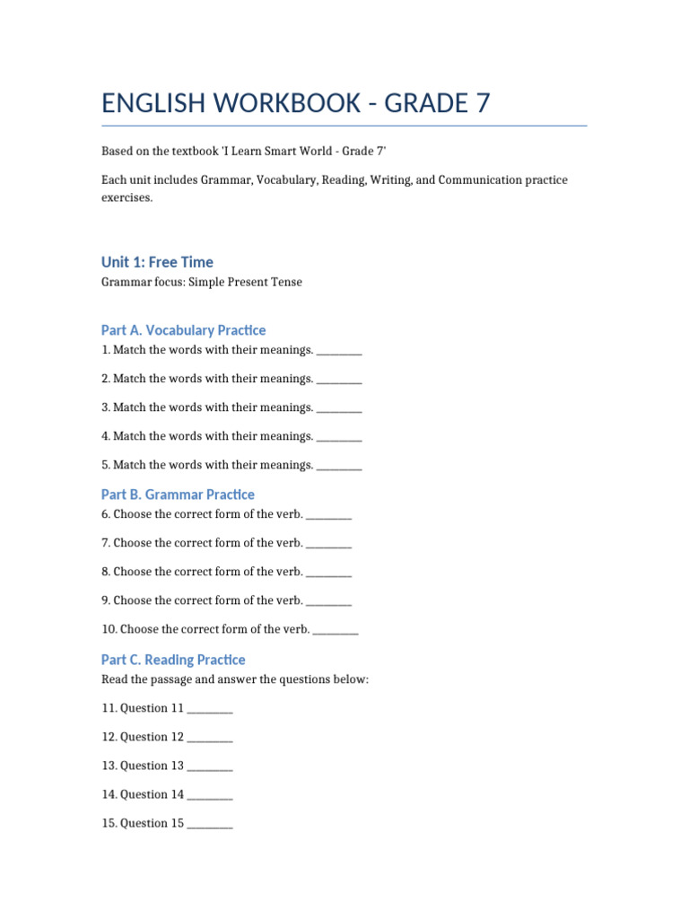 Grade 7 English Workbook PDF | PDF | Vocabulary | Verb