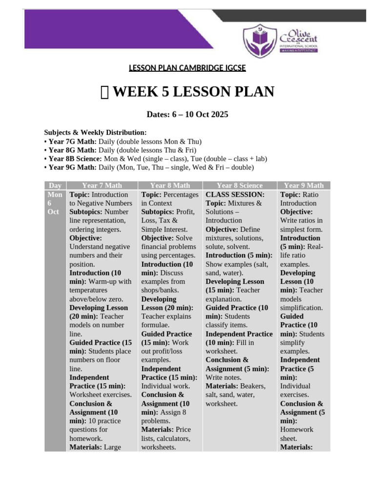 Cambridge IGCSE Week 5 Lesson Plan | PDF | Worksheet | Ratio