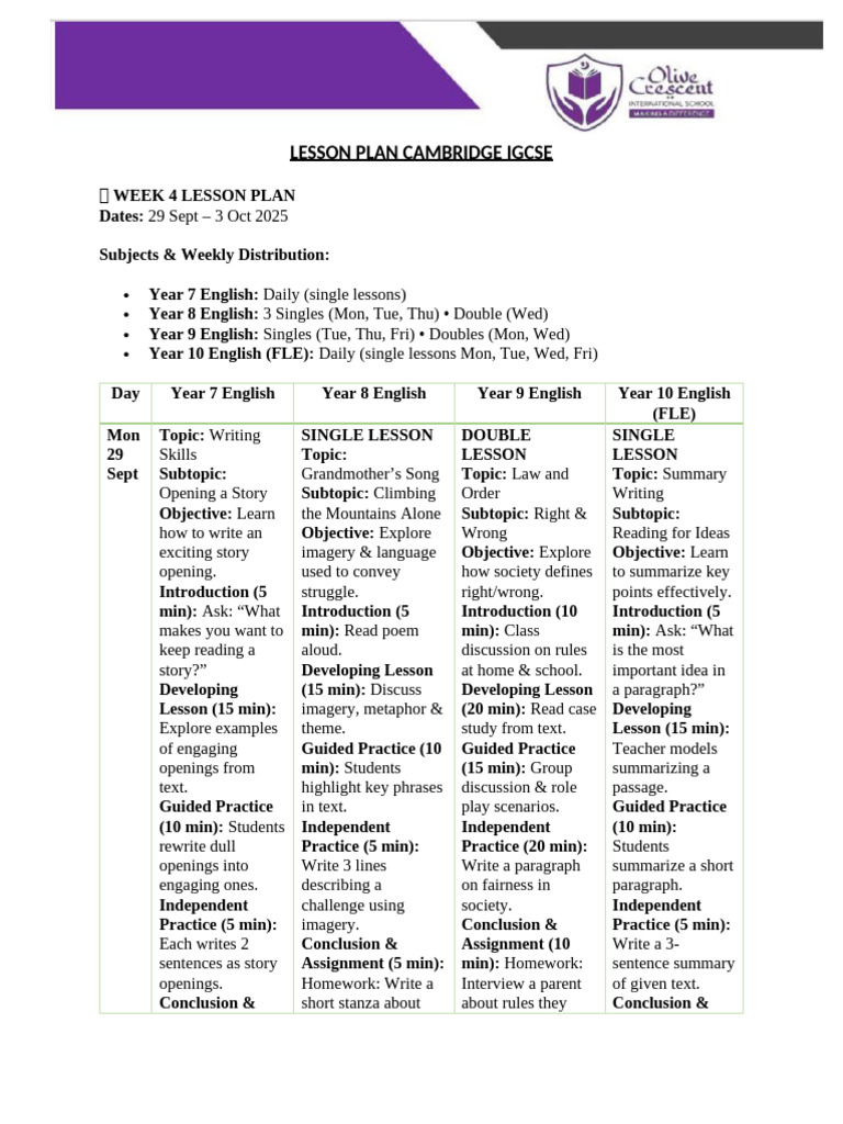 Cambridge IGCSE Week 4 Lesson Plan | PDF | Homework | Human Communication