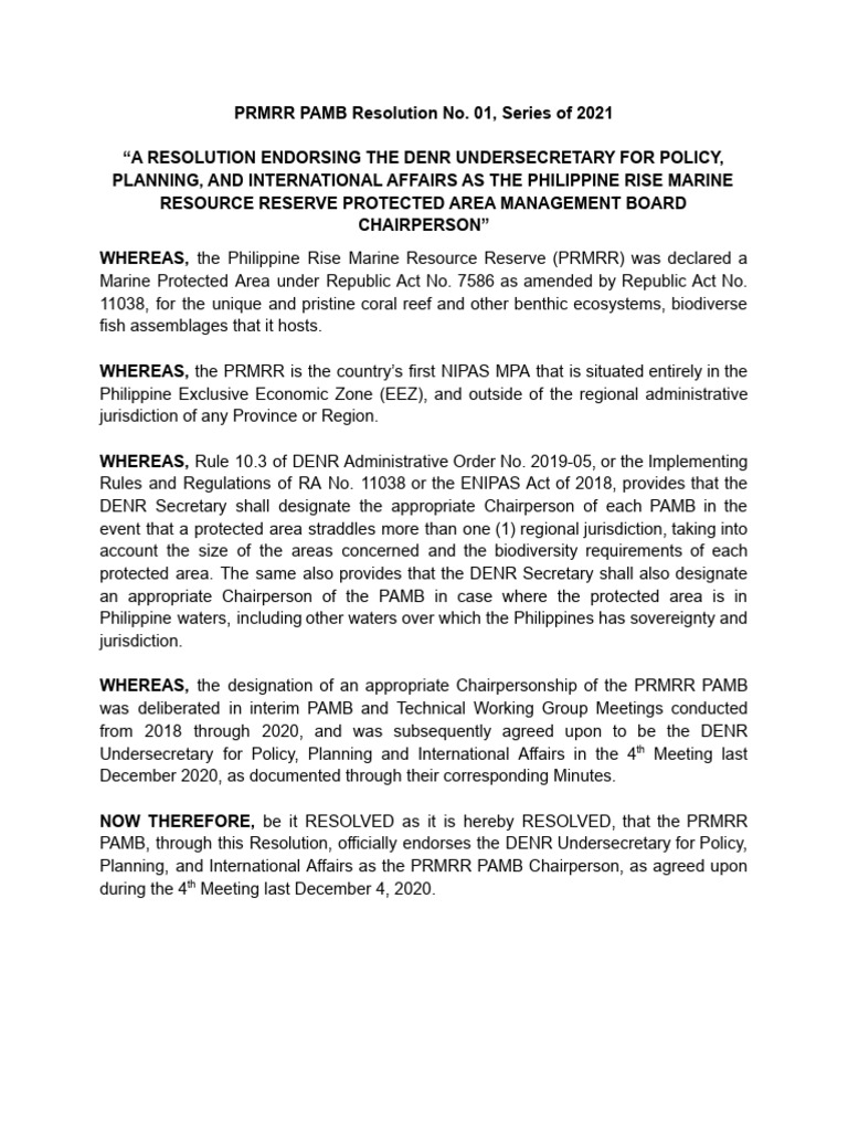 Draft PRMRR PAMB Resolution No 2021 01 DENR Usec PPIA As Chairperson 1 ...