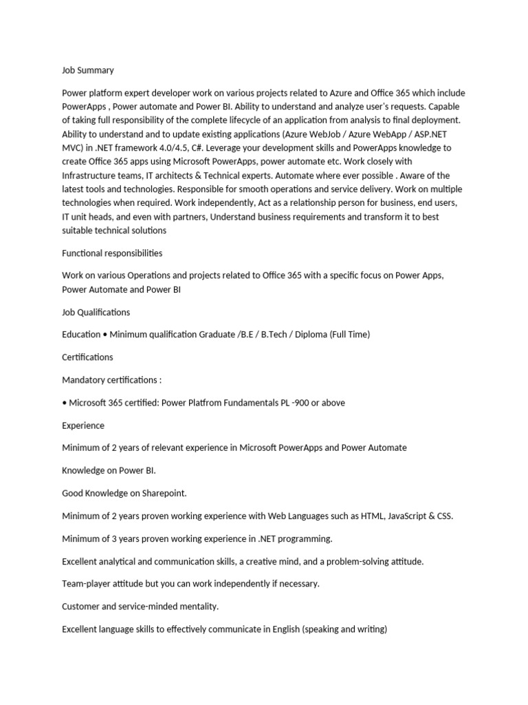 Power Platform Developer Job Summary | PDF | Microsoft Azure | Knowledge