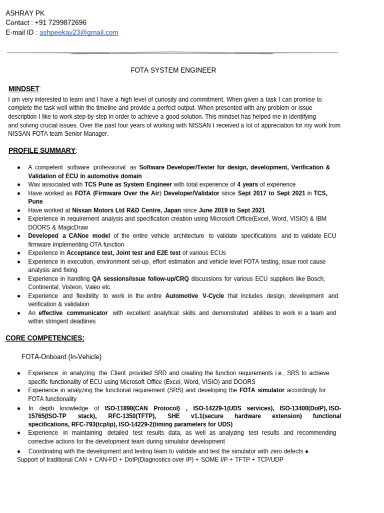 FOTA System Engineer Profile Summary | PDF | Software Engineering ...