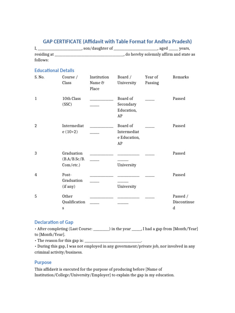 Andhra Pradesh Gap Certificate Format | PDF | Affidavit | Practice Of Law