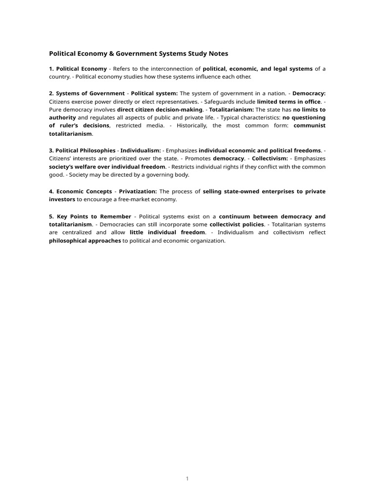 Political Economy & Government Systems Overview | PDF
