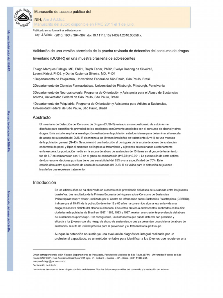 Validación del DUSI-R en Adolescentes Brasileños | PDF | Abuso de ...