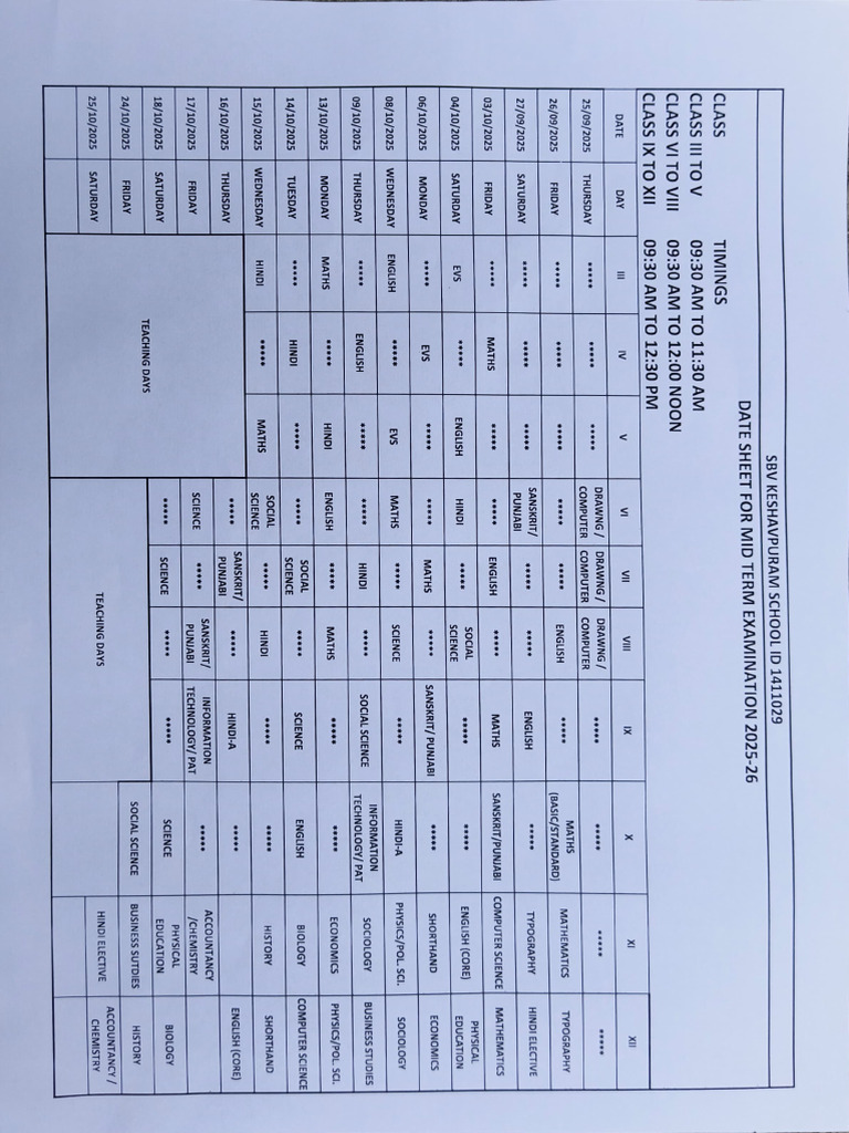 Mid Term Exam Date Sheet 2025-26 | PDF | Inquiry | Science
