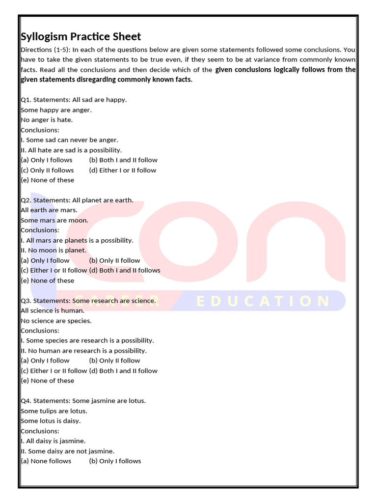 Syllogism Logic Practice Questions | PDF