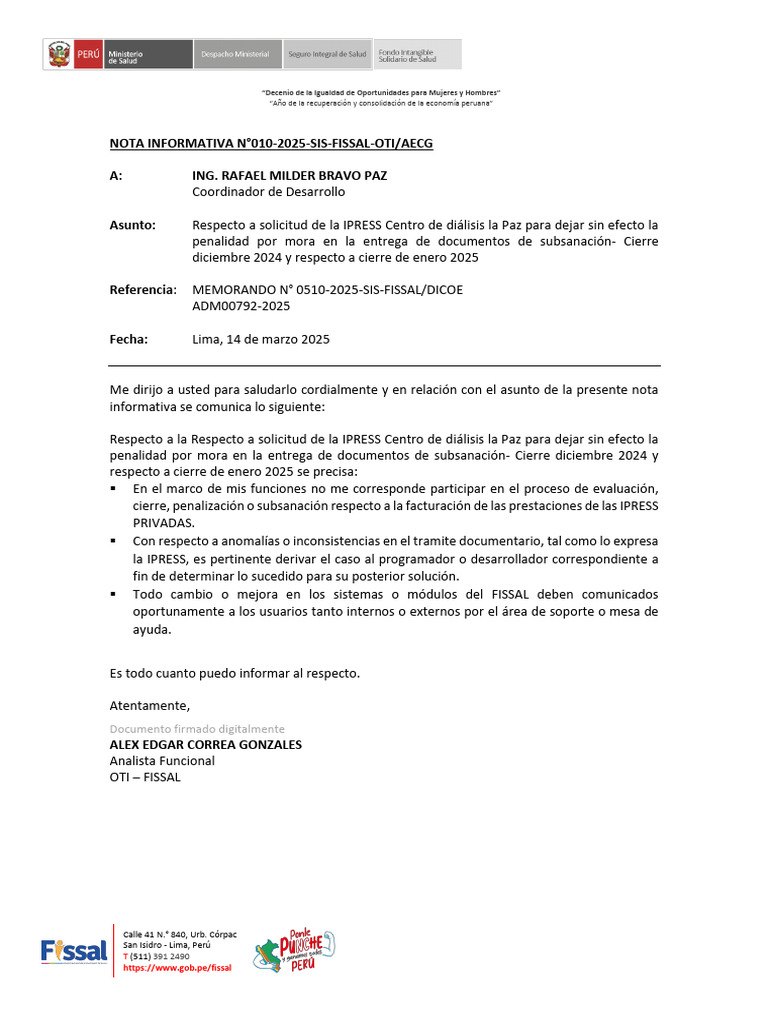 Nota Informativa N°010-2025-Sis-Fissal-Oti-Aecg | PDF