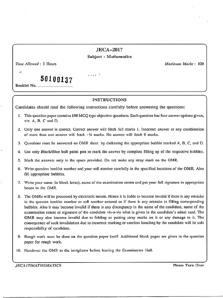 JECA 2017 Mathematics Old Paper | PDF