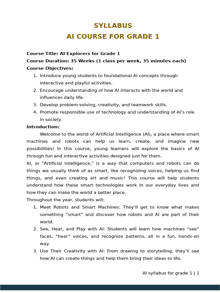 AI Explorers: Grade 1 Syllabus | PDF | Artificial Intelligence ...