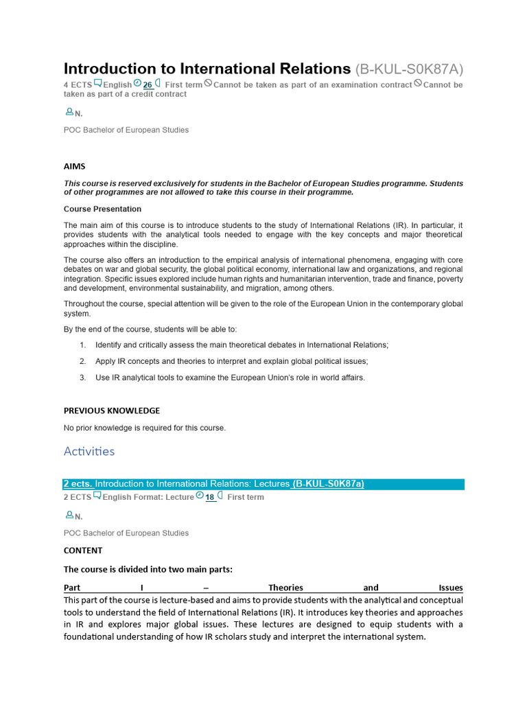 Introduction to International Relations Course | PDF | Essays ...