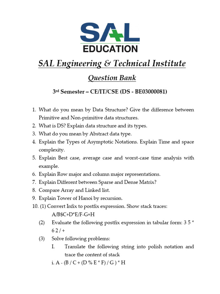 Data Structures Question Bank for CE/IT/CSE | PDF