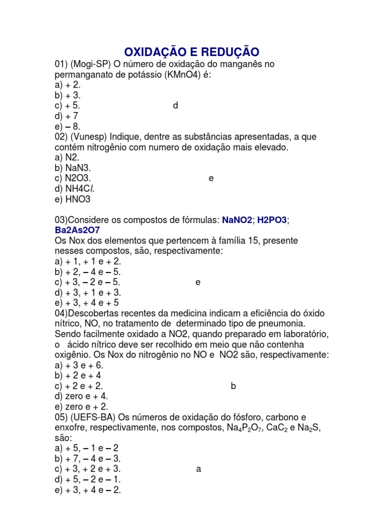 Exercicios Resolvidos OXIDAÇÃO E REDUÇÃO | PDF | Ácido nítrico | Carbono